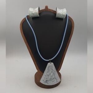 Vintage Metal Enamel Hand Painted Necklace and Pierced Earrings Set